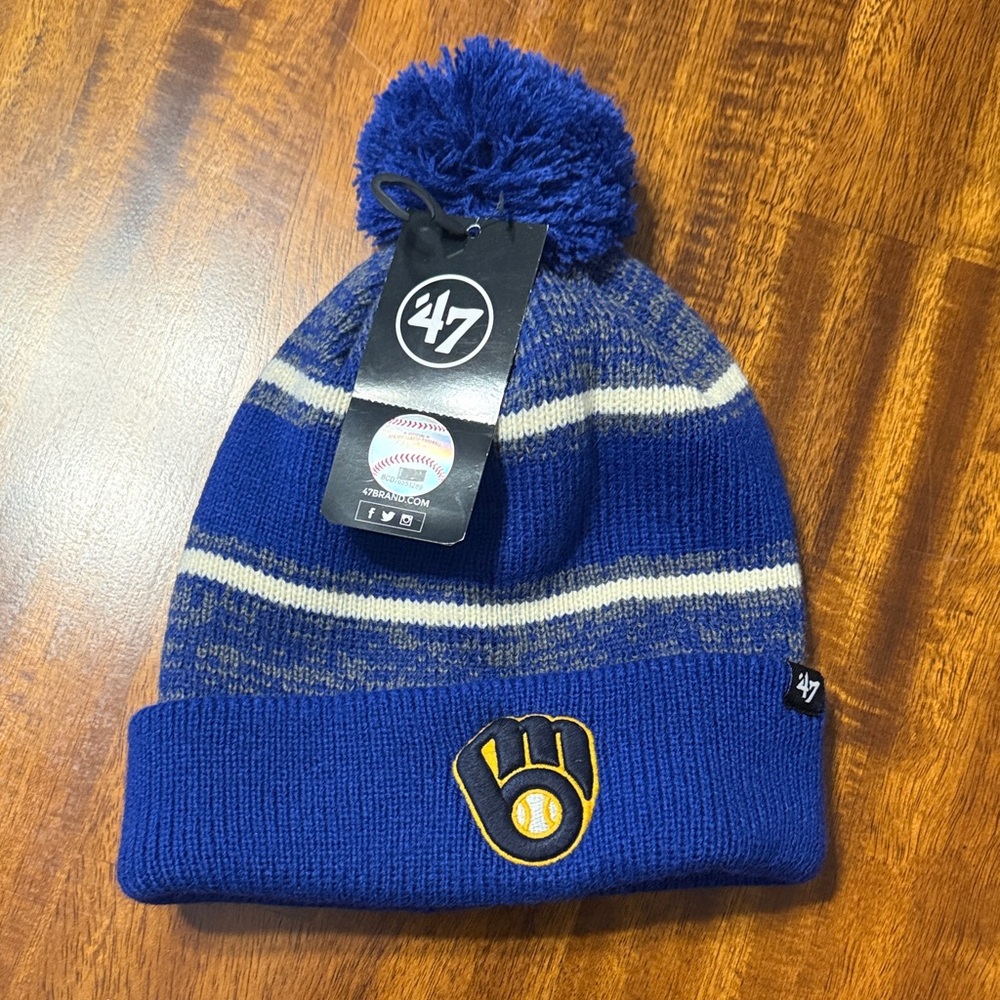 47 Blue and Gray Beanie with Pom